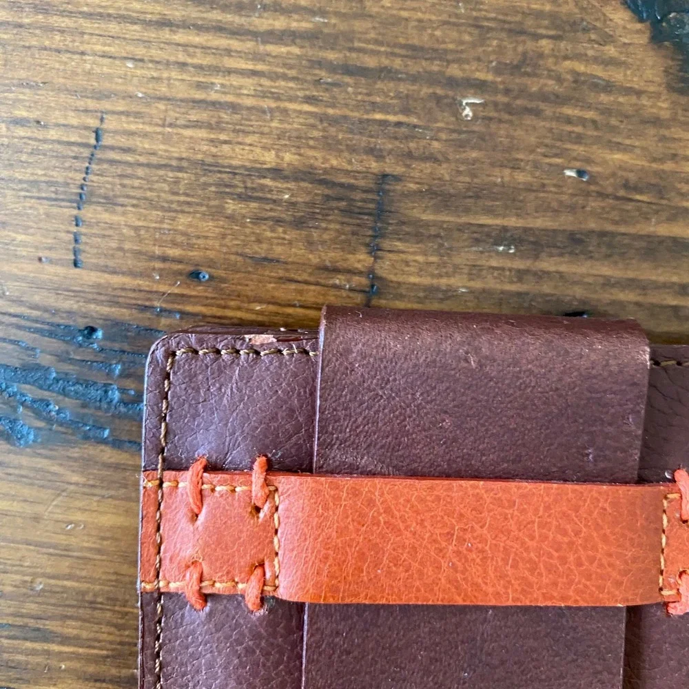 Colombian Leather Brown Bifold Wallet with Money Clip and Pull Tab Orange Accent